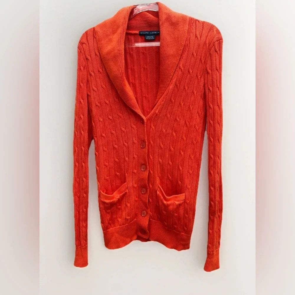 Ralph Lauren Cardigan Sweater Women M Orange Cable Knit 100% Pima Cotton Pockets - Picture 2 of 13
